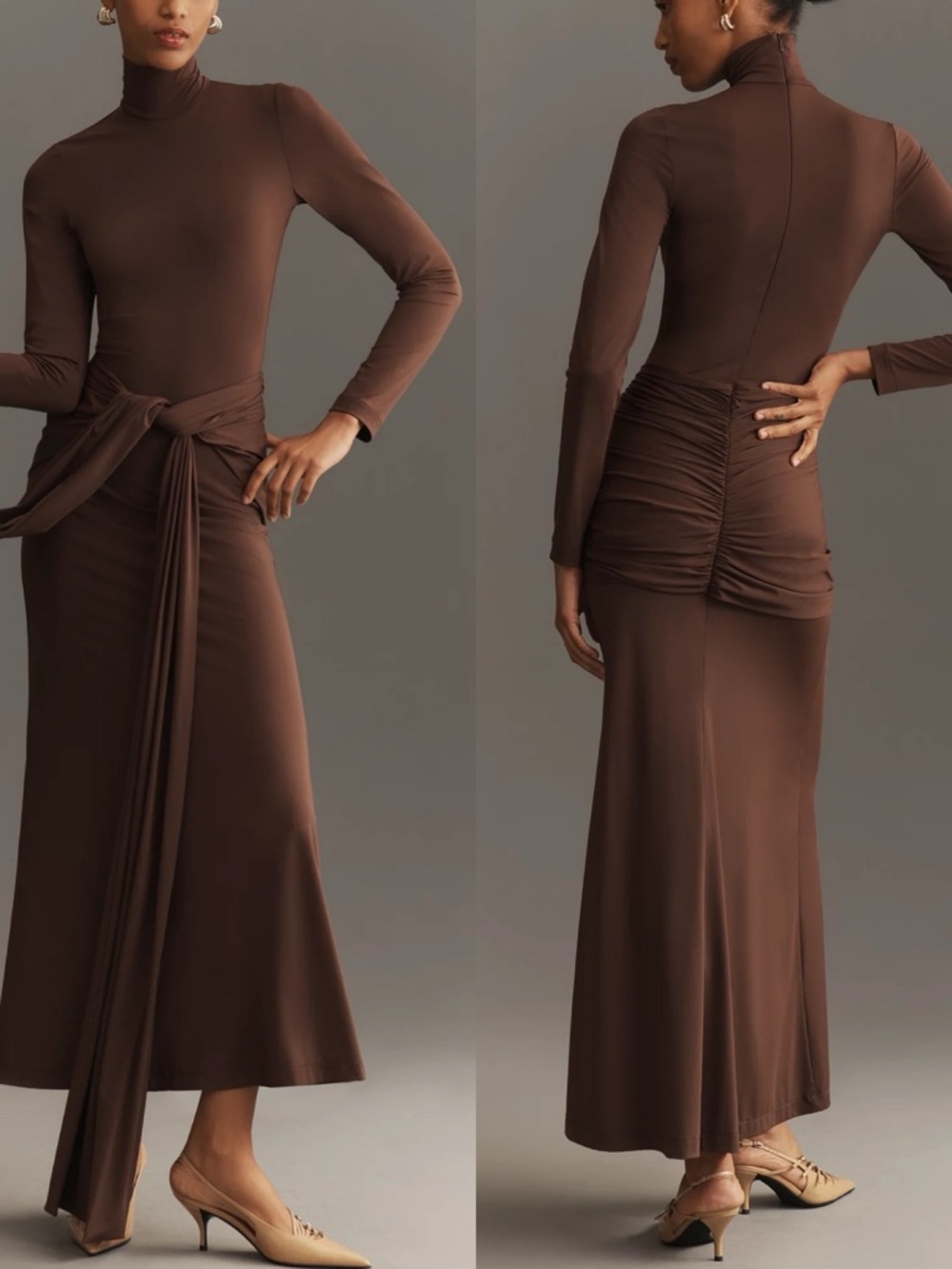 Bardot Alix Maxi Dress Turtleneck Drape Formal Elegant Party Chocolate Brown XL